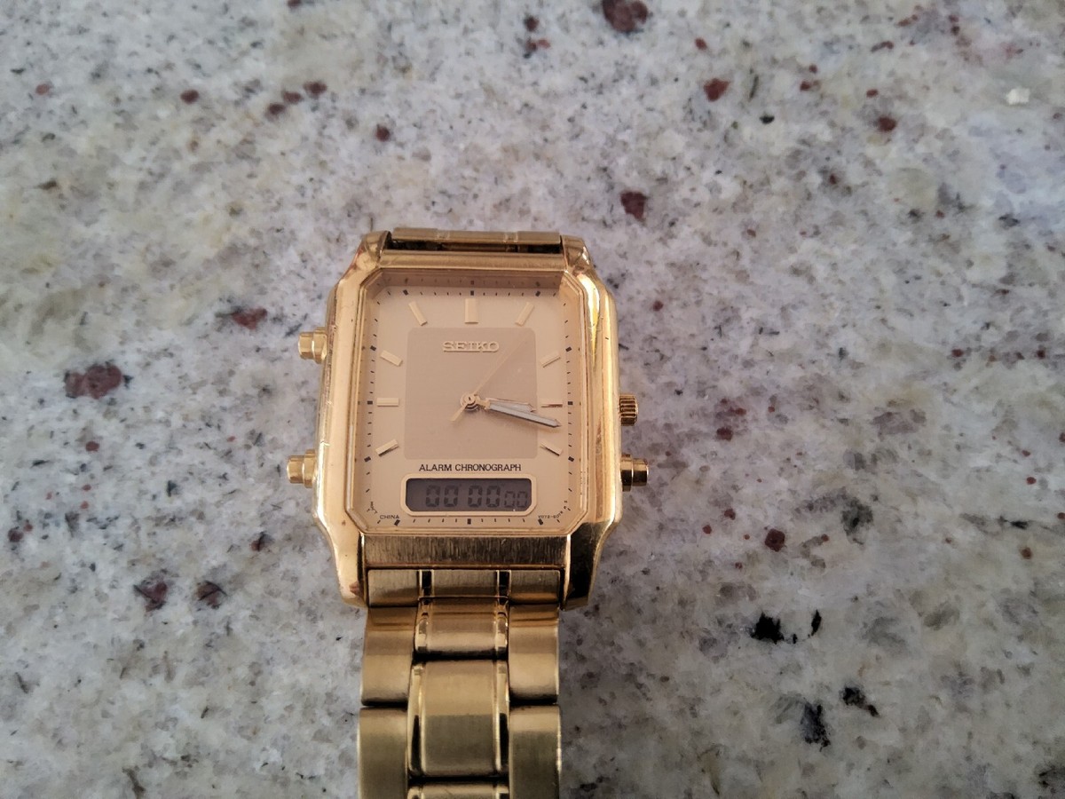 Vintage Seiko Watch Men Gold Tone Analog Digital Alarm Chrono V072
