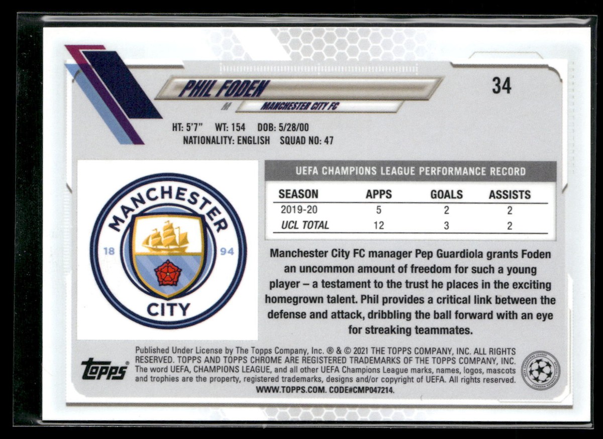 Phil Foden 2020-21 Topps Chrome Sapphire Edition UEFA Champions