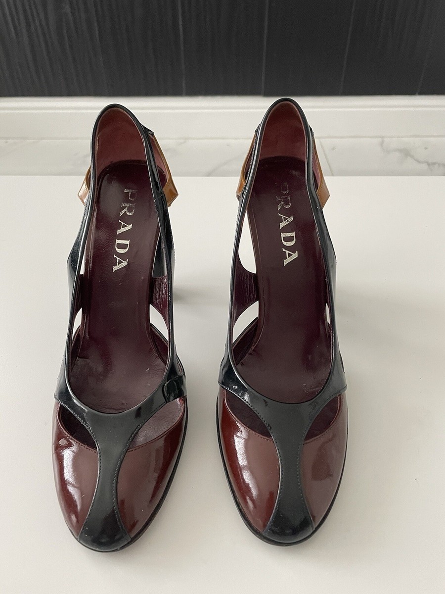 PRADA BURGUNDY/MAROON PATENT LEATHER HIGH HEELS SHOES SIZE US 7 EU