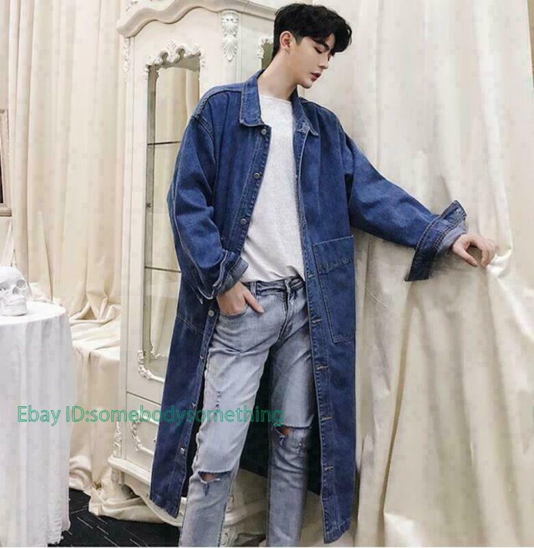 New Men's Trench Coat Outwear Coats Denim Loose Denim Long Parka