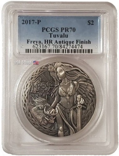 2017 1 Oz Silver $2 Tuvalu FREYA PCGS PR70 High Relief Antique