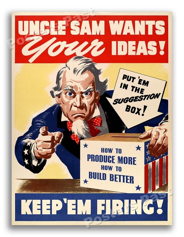 1943 Uncle Sam Wants Your Ideas! Vintage Style WW2 Poster - 24x32