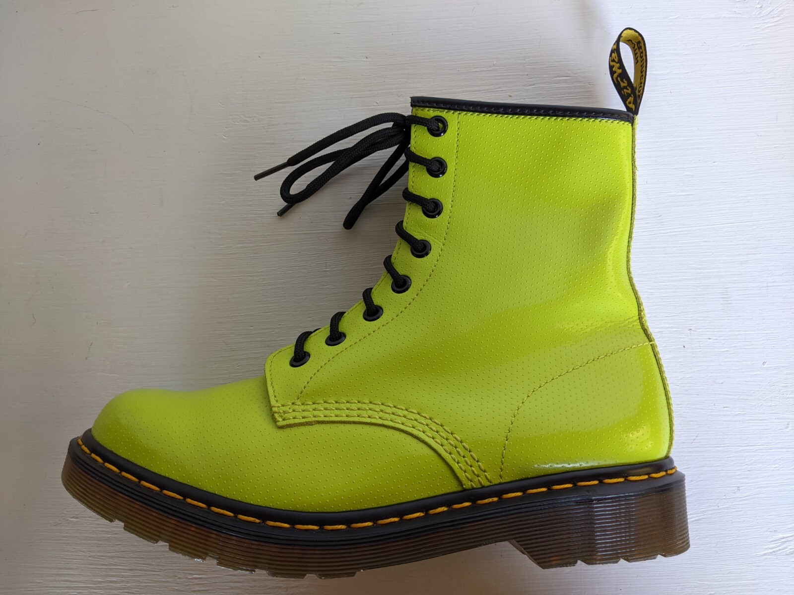 DR. MARTENS NEON LIME GREEN QQ DOT TEXTURED PATENT LEATHER BOOTS