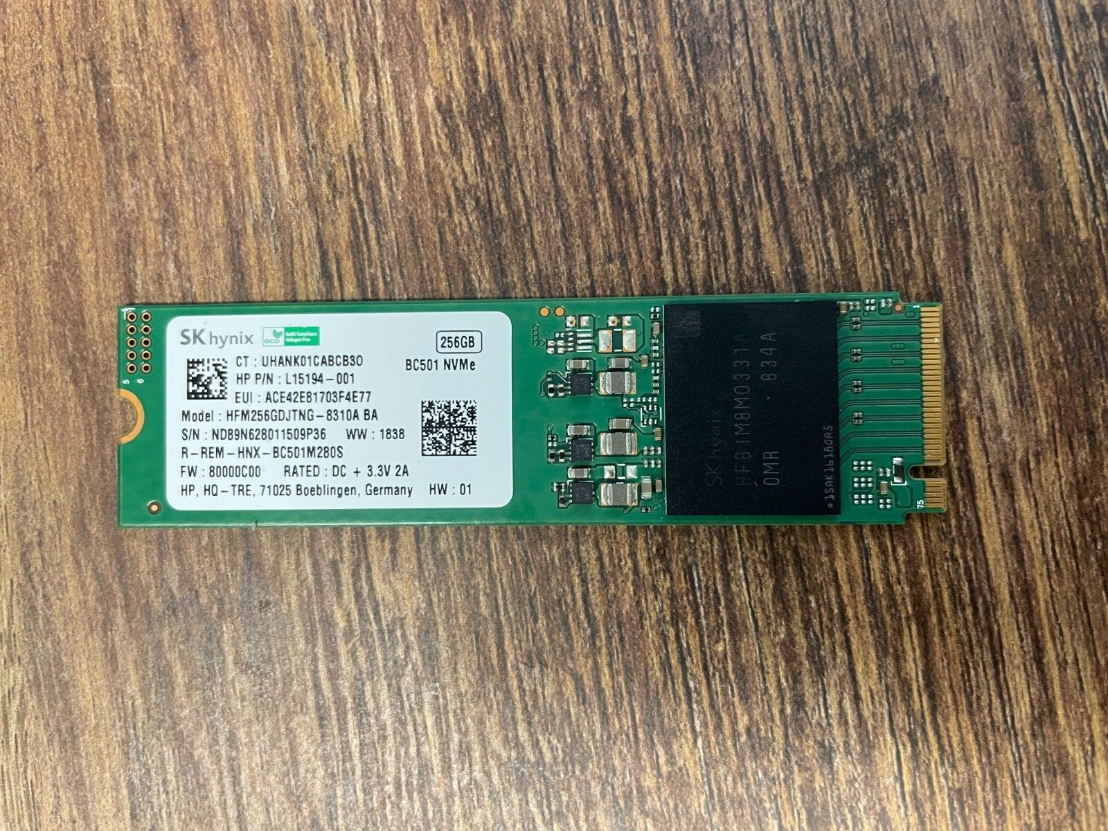 SK Hynix 256GB NVMe SSD、BC501 HFM256GDJTNG-8310A(eBay公認