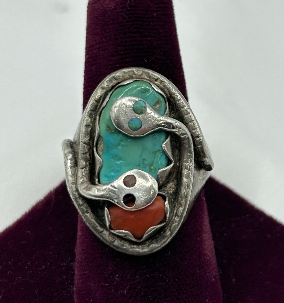 Vintage Signed EFFIE C ZUNI CALAVAZA Silver Turquoise & Coral Ring