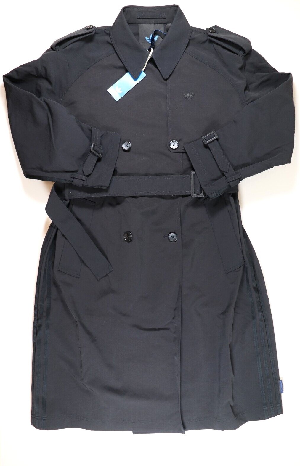 ADIDAS BLUE VERSION SLEEK LOOSE FIT LONG TRENCH COAT BLACK HN3335