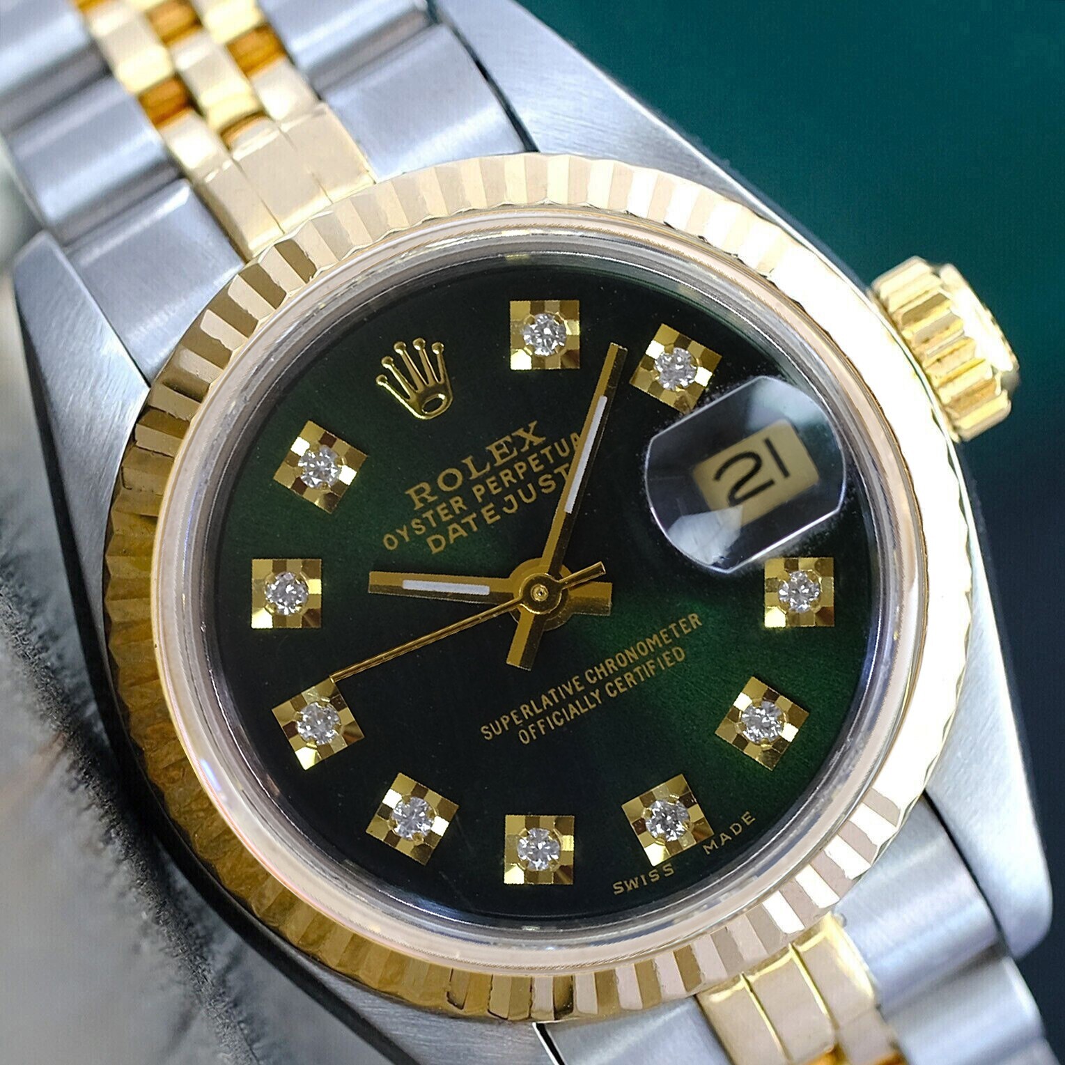 Rolex Datejust 69173 Ladies 18K Gold & Steel Green Diamond Dial