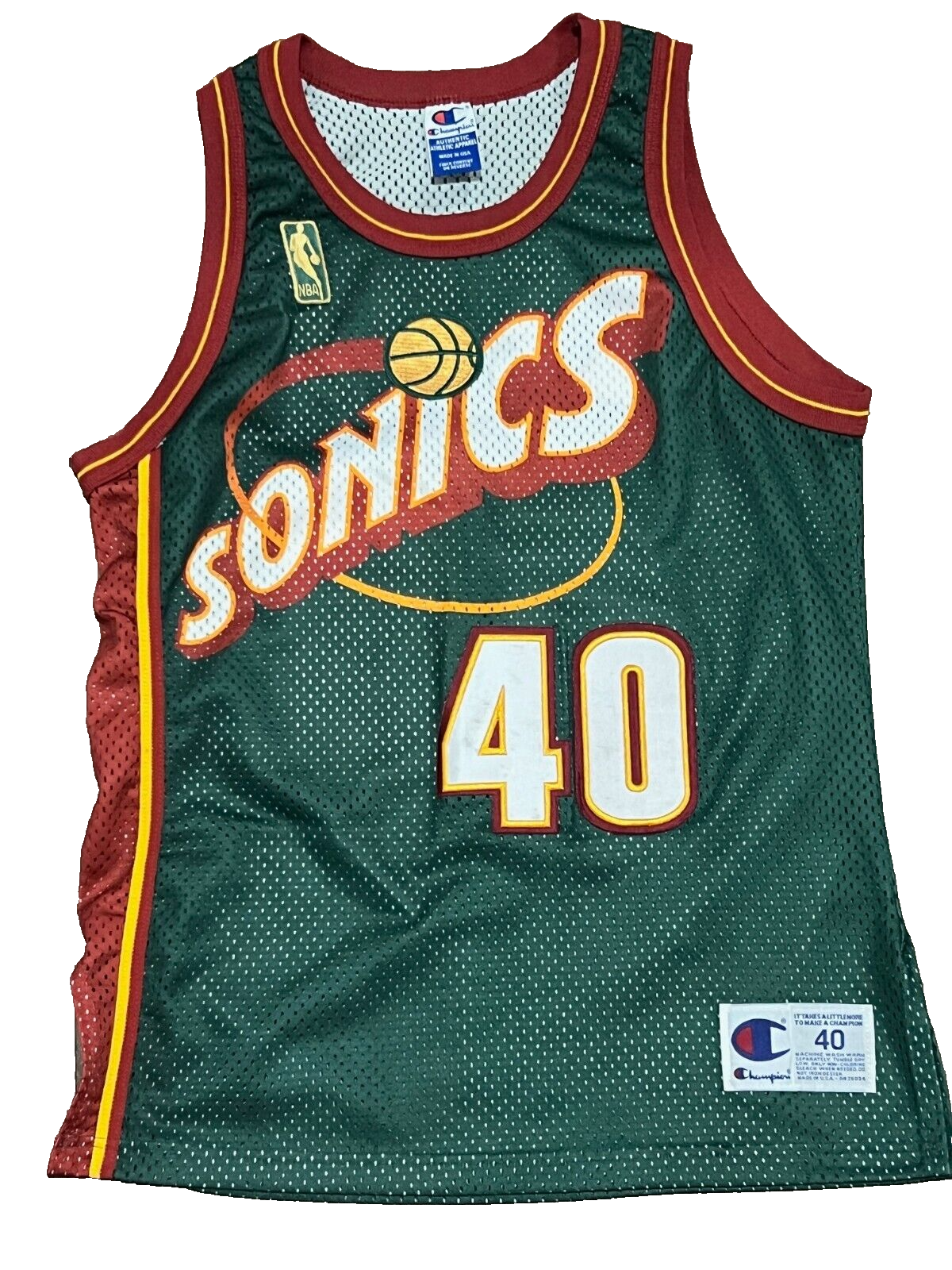 96-97 Champion Shawn Kemp Seattle Sonics Gold Logoman Authentic