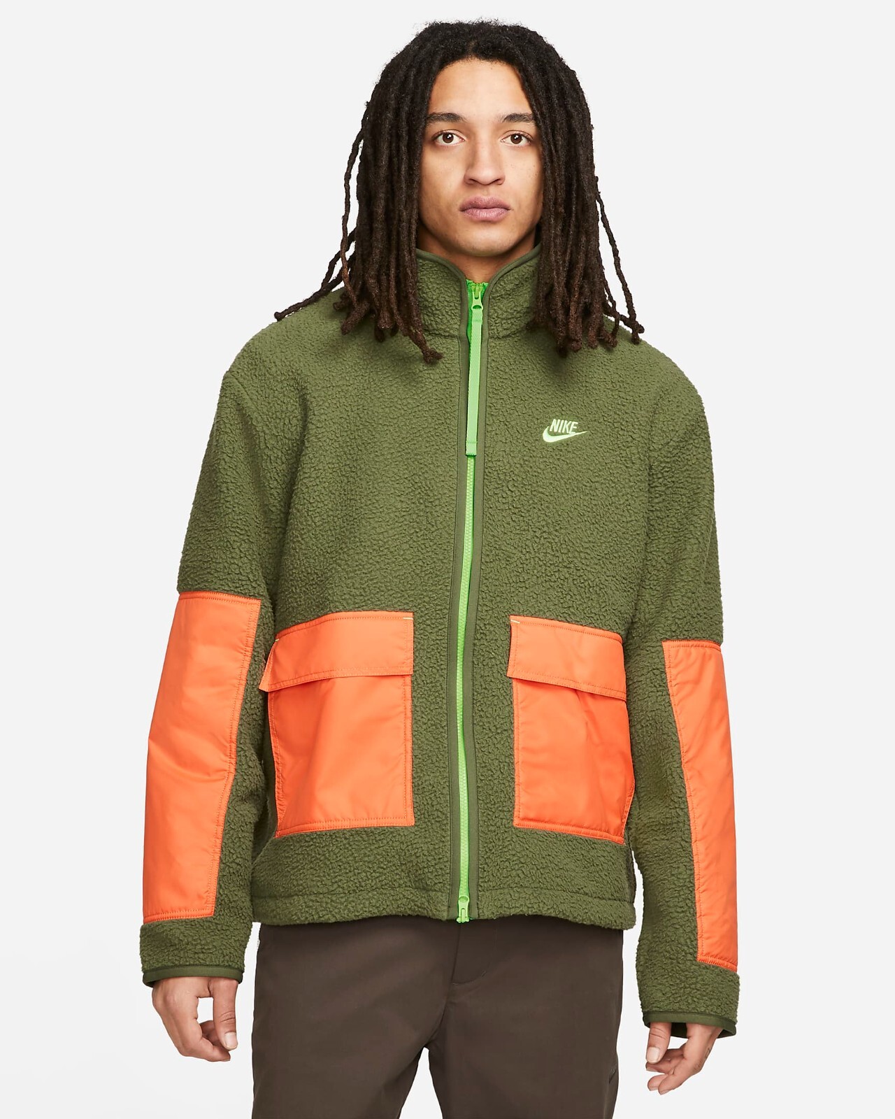 Nike Sportswear Sherpa Fleece Full Zip Jacket Green Orange DD5021