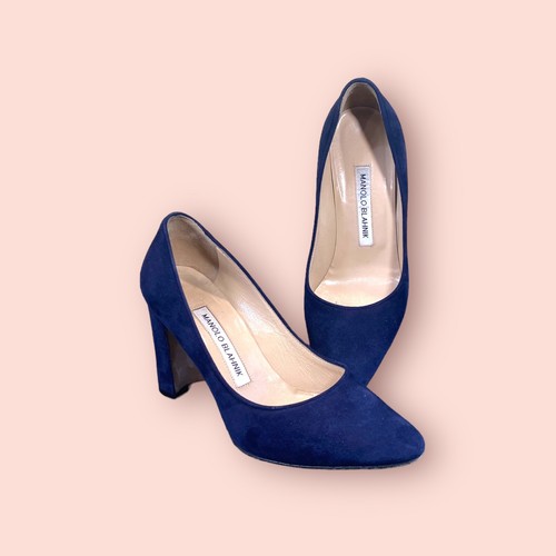MANOLO BLAHNIK Tucciototo Block Heel Blue Suede Designer Pumps