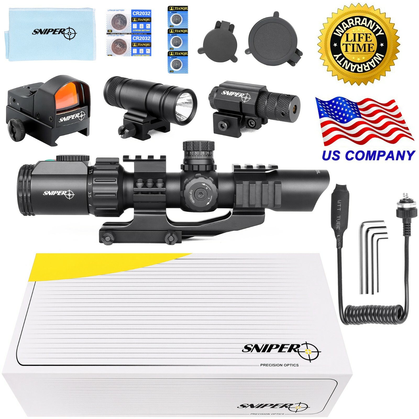 Sniper 1-4X28 Rifle Scope Illuminated Mid-dot Reticle w/ Red laser