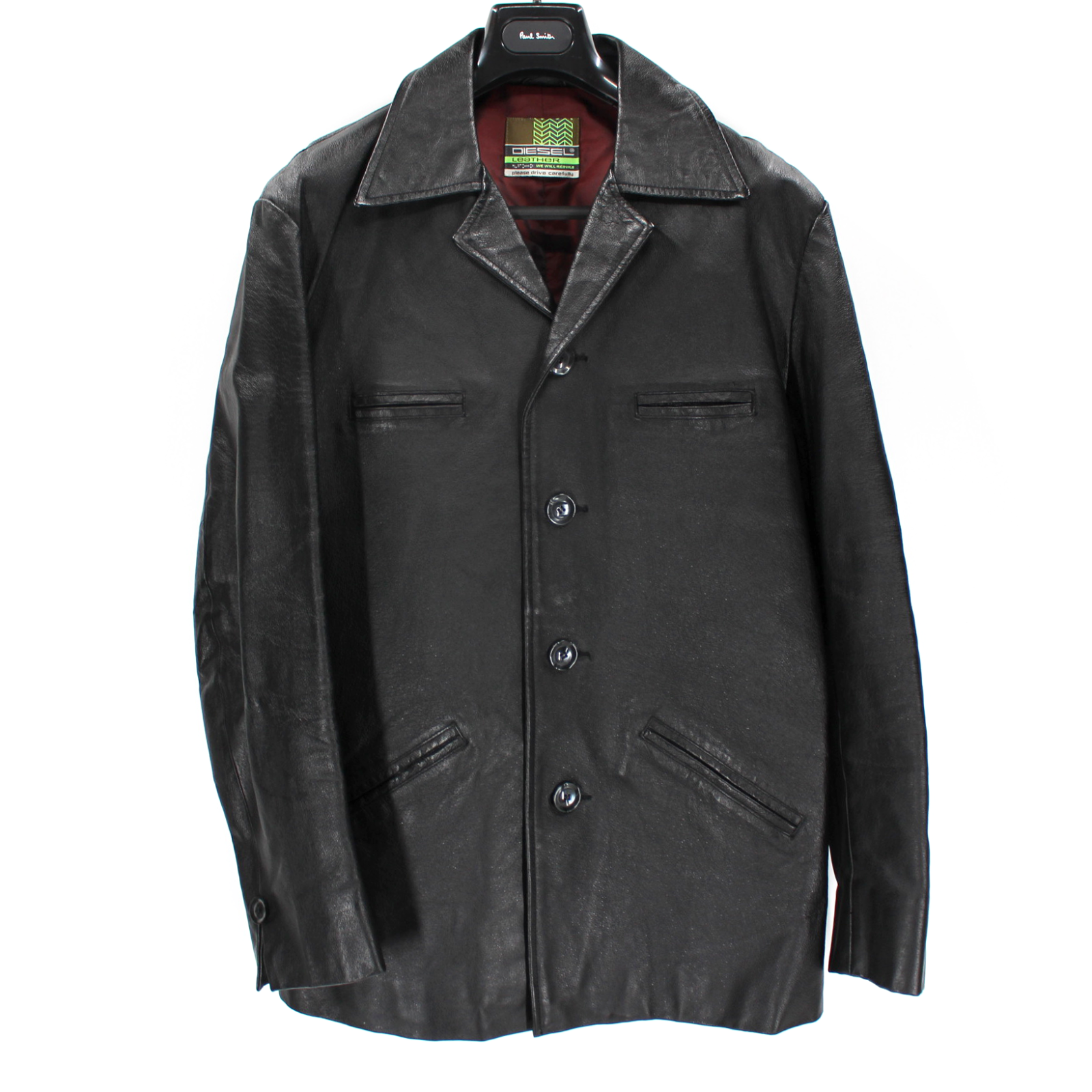 Diesel Leather Black Button Up Collared Overcoat 44 Moto Biker
