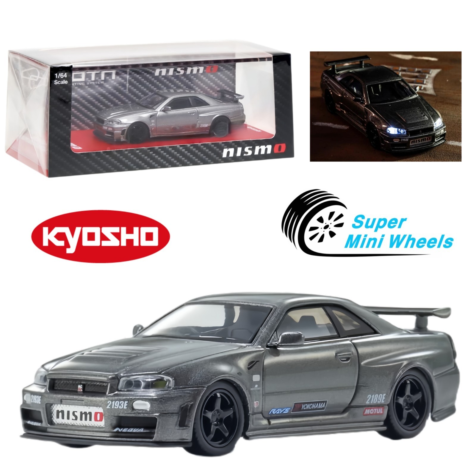 Kyosho 1:64 Nissan Nismo GTR R34 CRS Version Gray MOTN LED Base