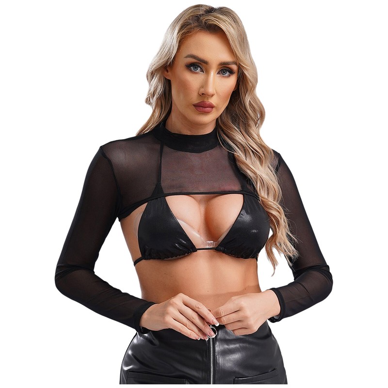 Mesh Crop Tops for Women Mock Neck Long Sleeve Crop Top See
