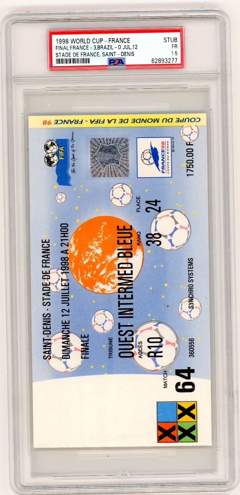 1998 FRANCE FIFA WORLD CUP TICKET STUB FINAL FRANCE BRAZIL ZIDANE