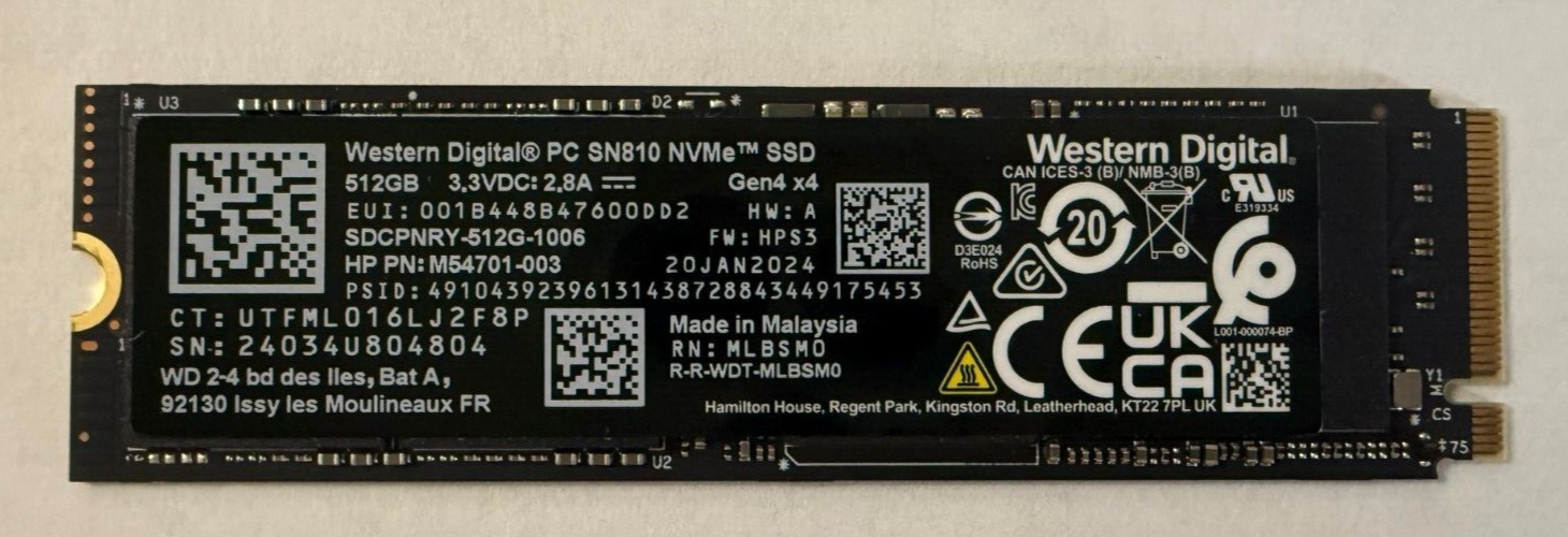 Western Digital 512GB M.2 PCIe NVMe SSD Gen4 x4 SN810 SDCPNRY-512G