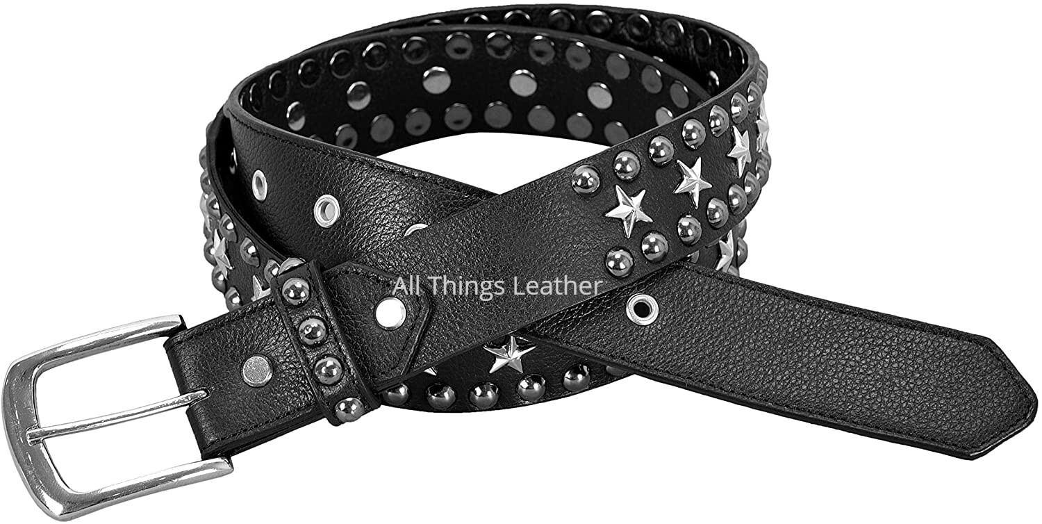 Black Star Studded Leather Belt Punk Rock Fashion Genuine Cow