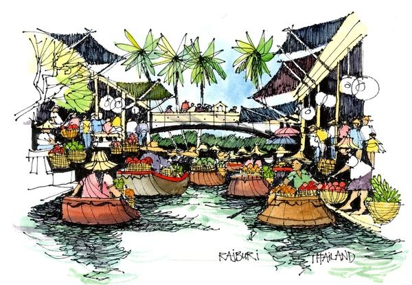 ミャンマーの水上マーケット（油絵） ミャンマーの水上マーケット