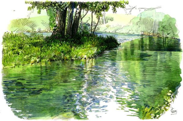 水のある風景 トレース水彩画