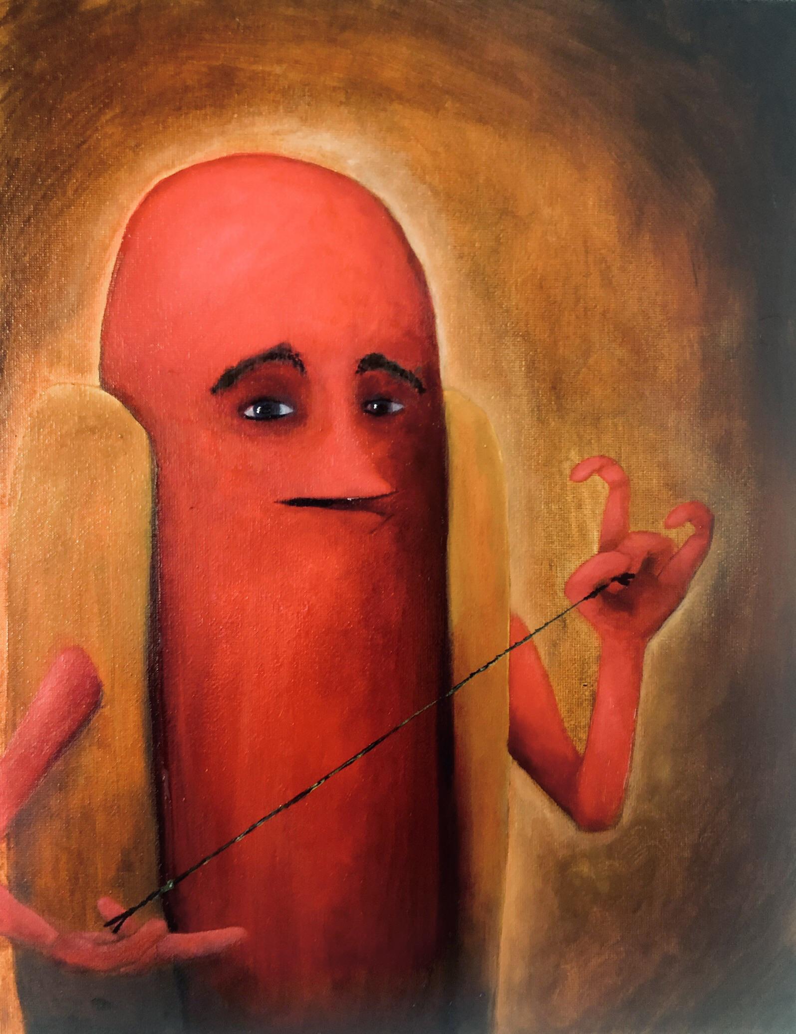 Fate, oil on canvas 14”x11”. One of about thirty hotdog men I've