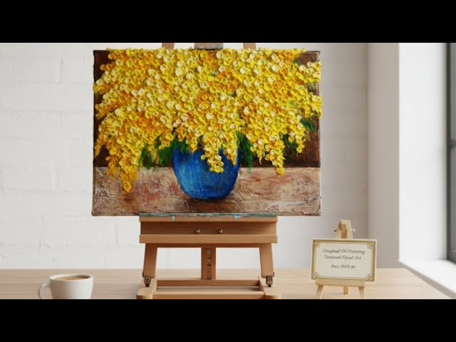 油彩】ミモザの立体感を出す厚塗り技法！背景の茶色と青い花瓶の対比で