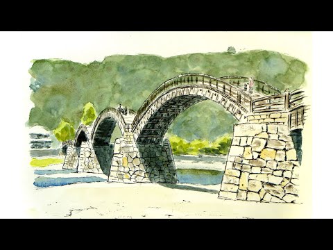 歴史ある木造の橋 錦帯橋／山口県 【透明水彩風景画】 Japanese