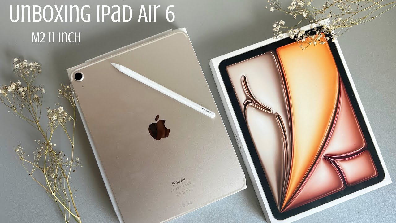 unboxing my new 2024 IPad Air 6 m2 11 inch (starlight) 🤍 + apple