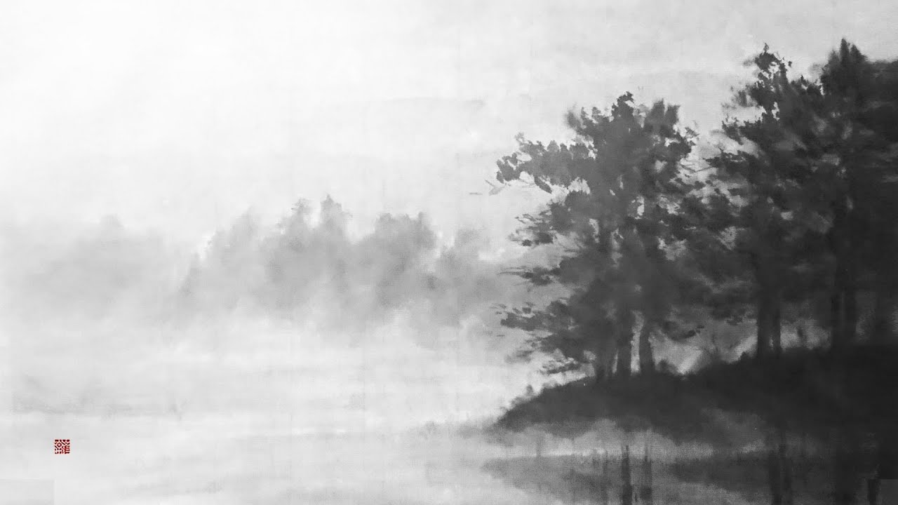 How to draw Landscape painting forest and lake. Sumi-e | ink wash