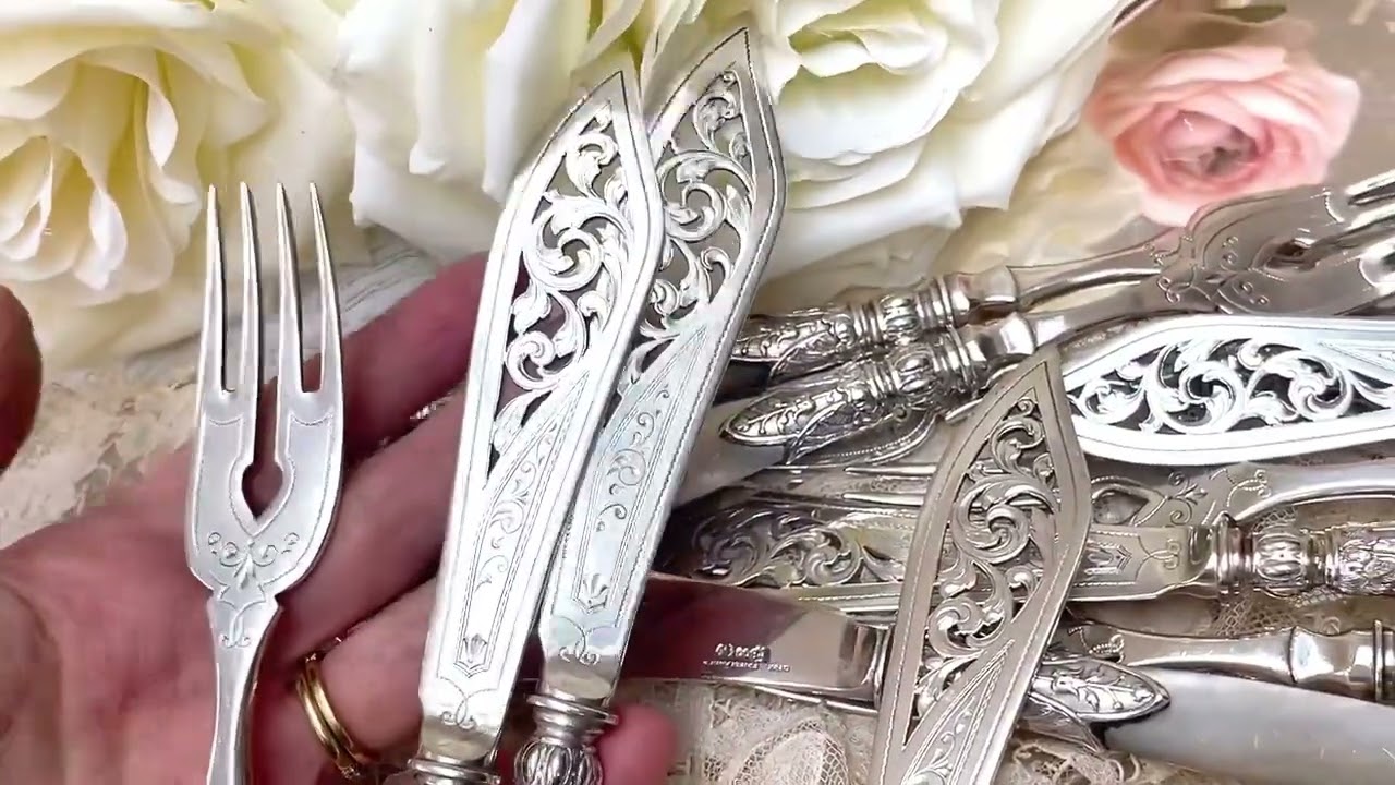 Germanアンティーク銀器【純銀】白蝶貝ハンドル 透かしのカトラリー