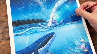 アクリル絵の具で「銀河と波と鯨」を描いてみた｜junya_art