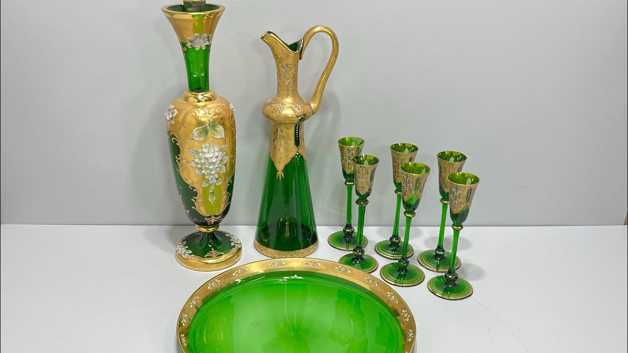 □ 9点セット ベネチアンガラス ベネチアングラス デキャンタ 金彩