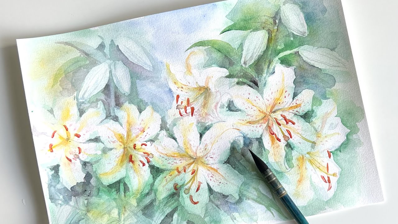 水彩画]豊かな自然の中で咲くヤマユリの花を透明水彩で描く/watercolor