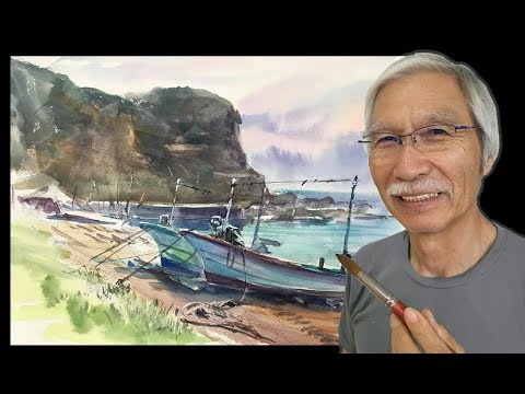 水彩画の基本〜岬と小さな漁港を描くコツ How to paint Cape and a
