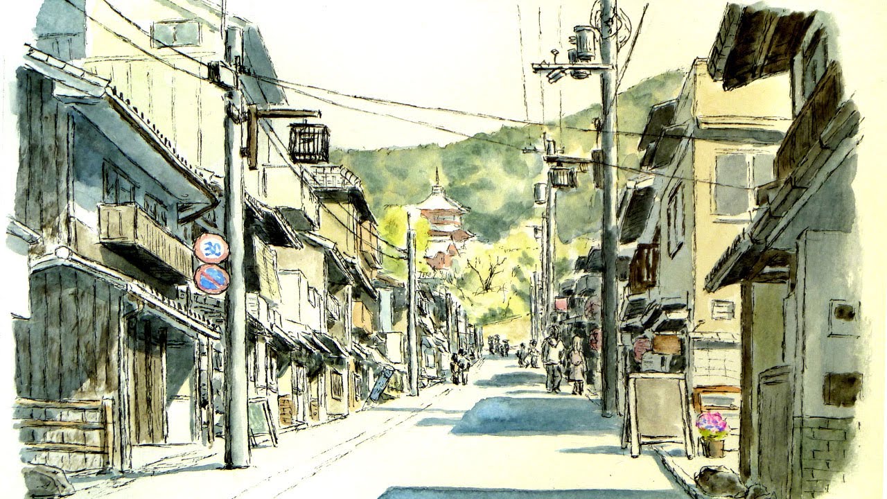 上り坂の一点透視 ／ 京都・茶わん坂と清水寺 【透明水彩風景画