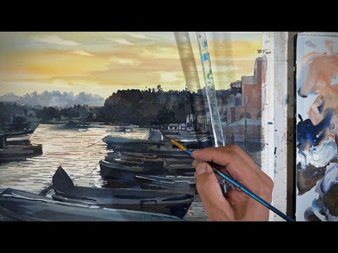 414【5周年記念！】水彩で描く船と夕日とさざ波とを飲みながら。 - YouTube