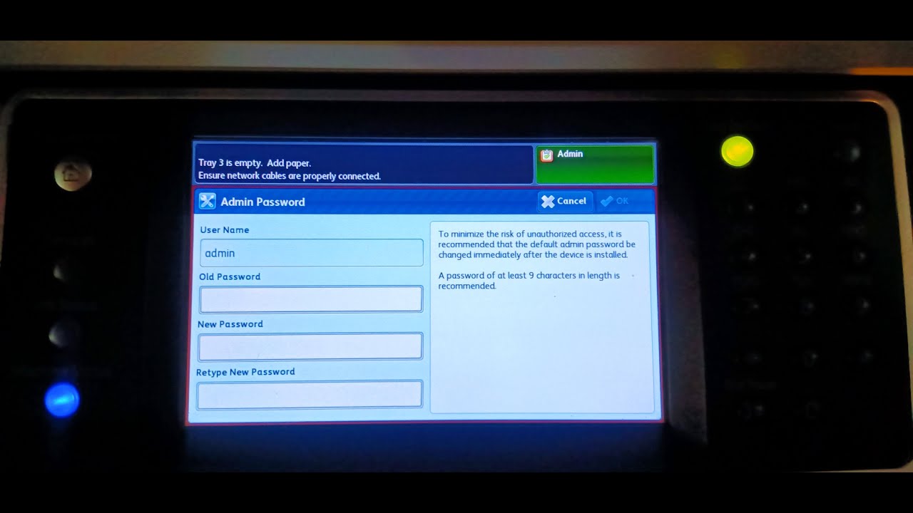 how to reset/change admin password Xerox 5855 photocopier machine