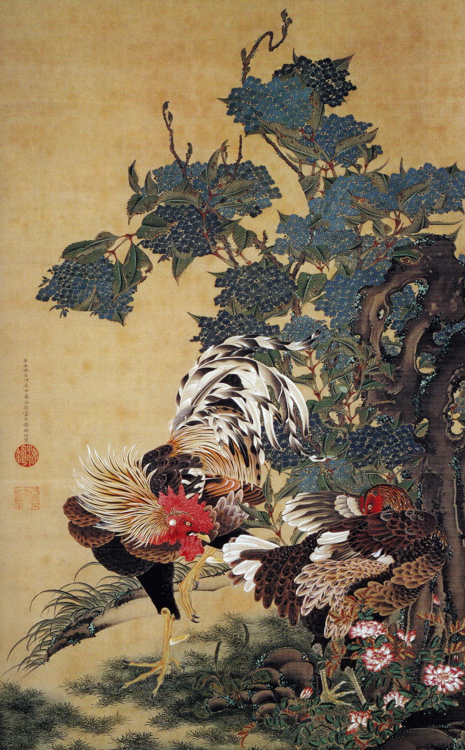 紫陽花双鶏図 Ajisai Sokei-zu(Hydrangeas and Pair of Chickens