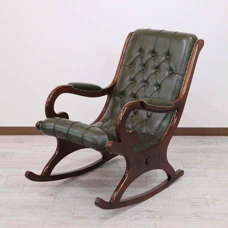 イタリア ロッキングチェア グリーン 本革 1人掛け 完成品 – 輸入家具