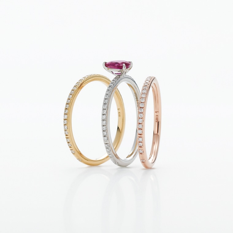 はなえり ペアシェイプルビー3連リング(プラチナ/ゴールド/ピンク