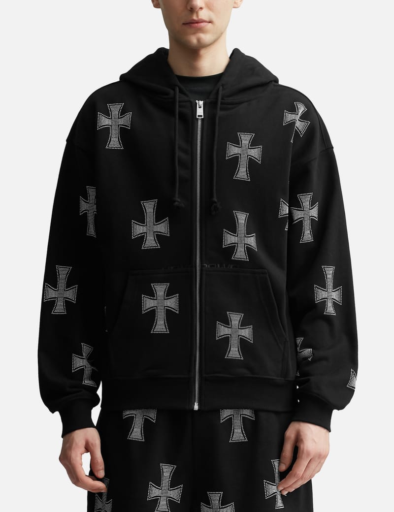 UNKNOWN - Black / White Cross Rhinestone Hoodie | HBX