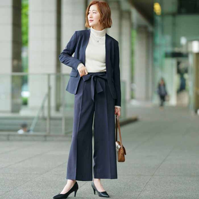2点セットアップ】洗えるストレッチノーカラーワイドパンツスーツ