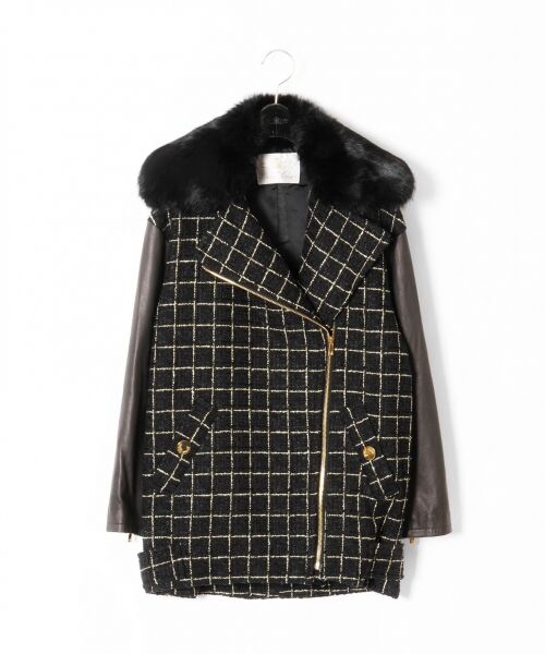 セール】 ラメツイードライダース （レザーブルゾン・ジャケット