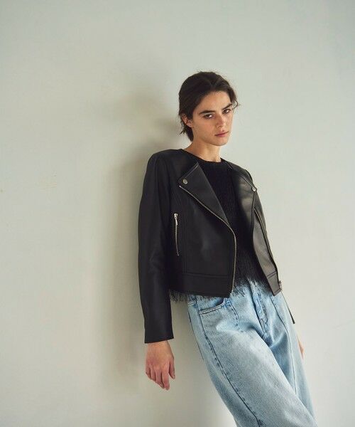 セール】 ノーカラーレザーライダースジャケット （レザーブルゾン