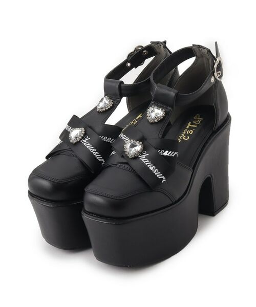 セール】 厚底ビジュー付きリボンTストラップパンプス 24SS （パンプス