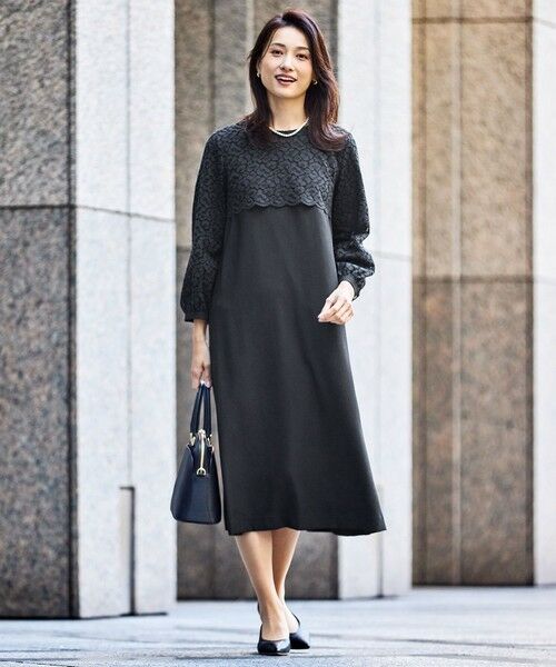 セール】 【洗える】レースコンビジョーゼット ワンピース （ロング