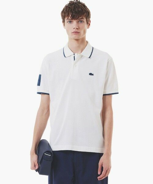 セール】 スリーブネームパッチ 配色ライン鹿の子地ポロシャツ