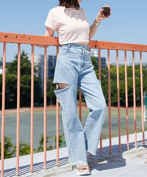 セール】 ハイウエストバリエダメージデニム （デニムパンツ