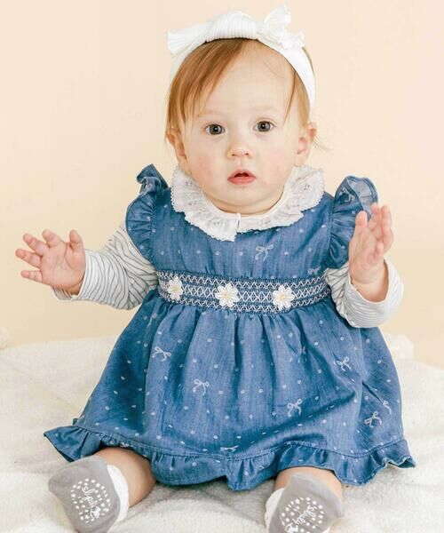 セール】 花レースつきスモッキングワンピース+ブルマ2点セットベビー
