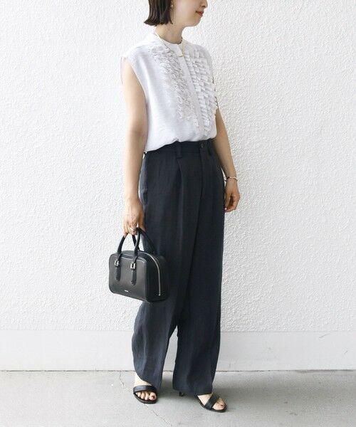 セール】 〈手洗い可能〉麻混 フロント フリル フレンチスリーブ