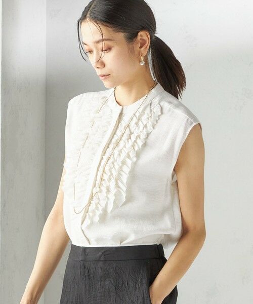 セール】 〈手洗い可能〉麻混 フロント フリル フレンチスリーブ